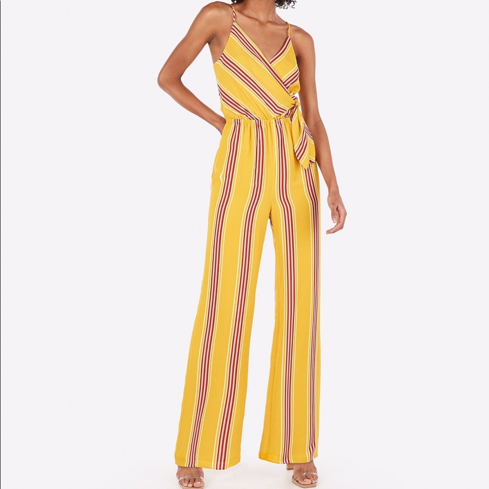 EUC Express Striped Surplice Tie Wide Leg Jumpsuit